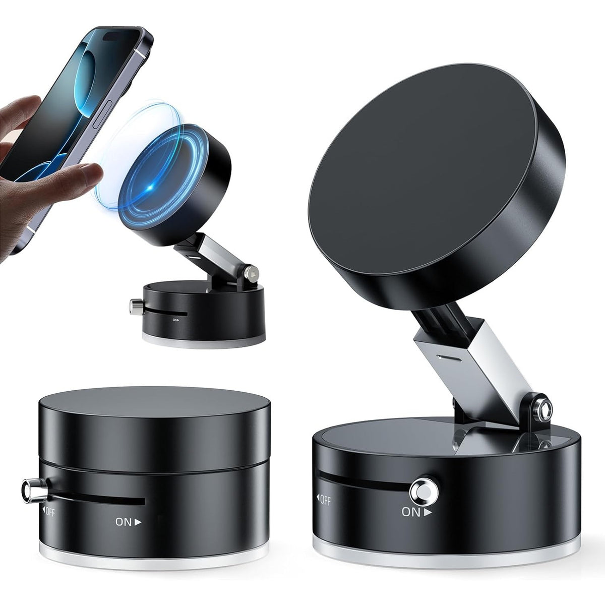 Suport Auto Magnetic Pentru Telefon, Fixare Prin Vid Cu Ventuza, Pliabil Si Retractabil, Rotatie 360 Grade, ABS, Negru
