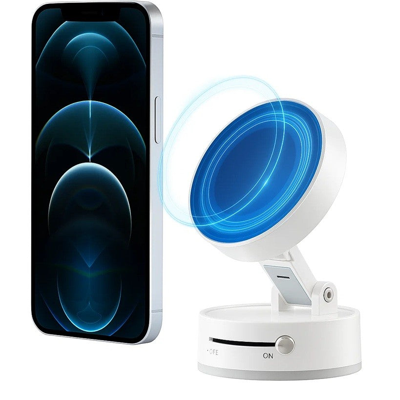 Suport Auto Telefon Magnetic cu Ventuza prin Vid, Pliabil si Retractabil, Rotatie 360 Grade, ABS si PC, Alb