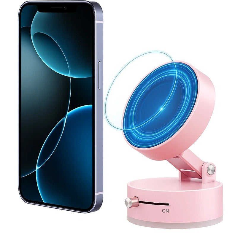 Suport Auto Magnetic pentru Telefon, Fixare prin Vid și Ventuză, Pliabil și Retractabil, Rotire 360 Grade, ABS și PC, Roz