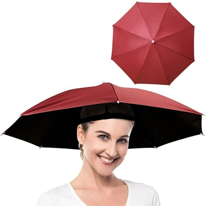 Umbrela de Cap pentru Pescuit si Activitati Outdoor, Protectie UV si Ploaie, Fixare Banda Elastica, Otel si Vinil, 69 cm, Rosu Inchis