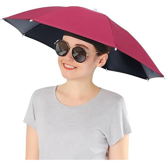 Umbrela de Cap pentru Pescuit si Activitati Outdoor, Protectie UV si Ploaie, Fixare Banda Elastica, Otel si Vinil, 69 cm, Rosu Inchis
