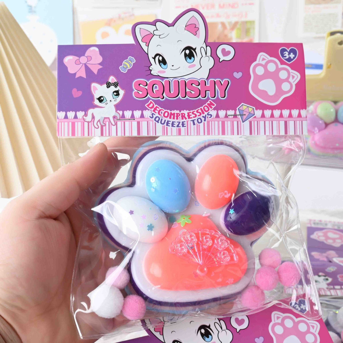 Jucarie Antistres Squishy, Model Labuta de Pisica Cat Paw cu Revenire Lenta, Material TPR Moale, 12.5x10.5 cm, 220g, Multicolor