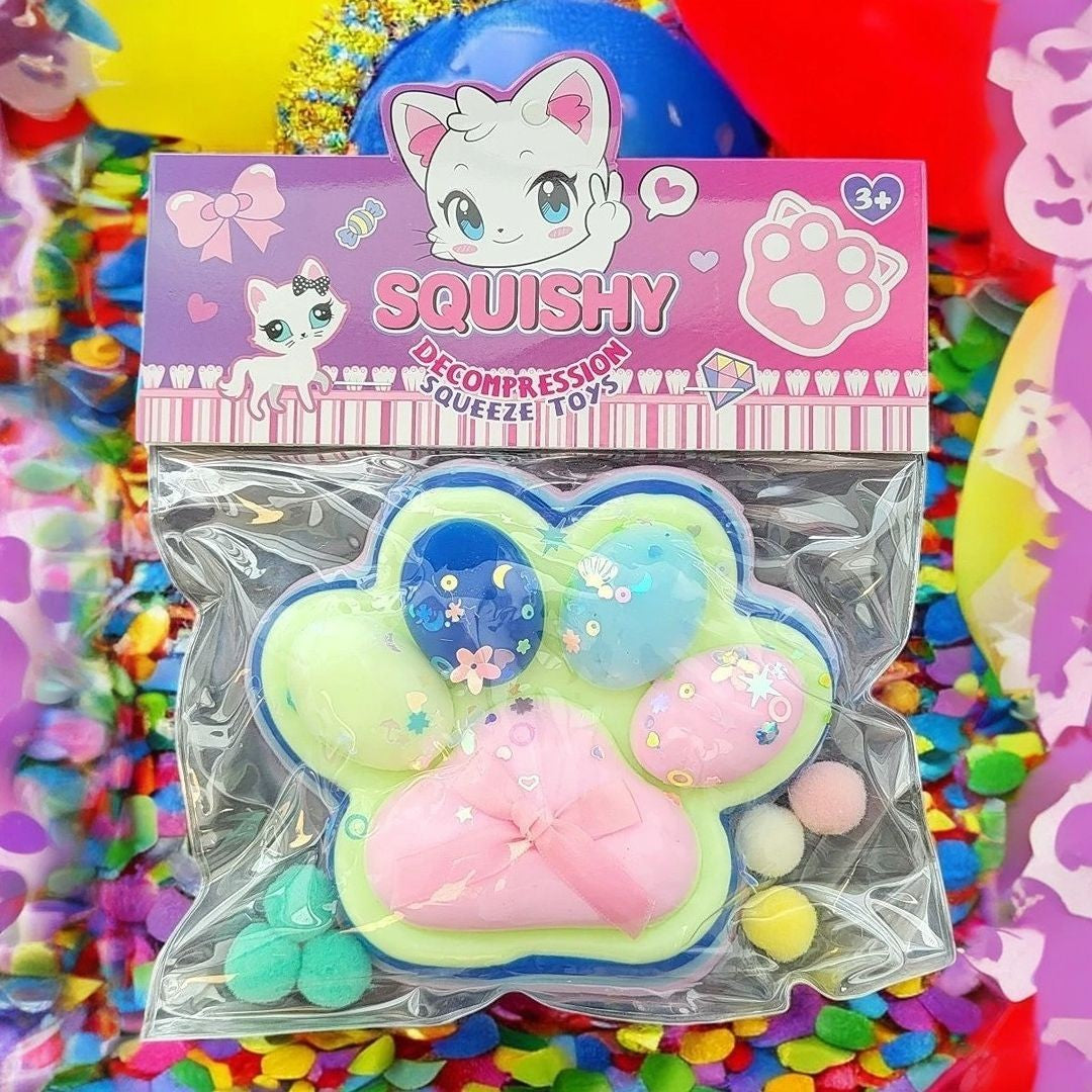 Jucarie Antistres Squishy Cat Paw, Model Labuta de Pisica cu Revenire Lenta, Squeeze Pinch Family, Textura Moale, 12.5x10.5 cm, 220g, Albastru Multicolor