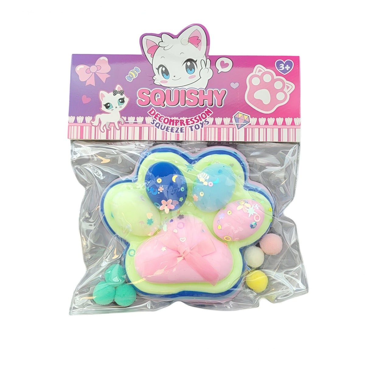 Jucarie Antistres Squishy Cat Paw, Model Labuta de Pisica cu Revenire Lenta, Squeeze Pinch Family, Textura Moale, 12.5x10.5 cm, 220g, Albastru Multicolor