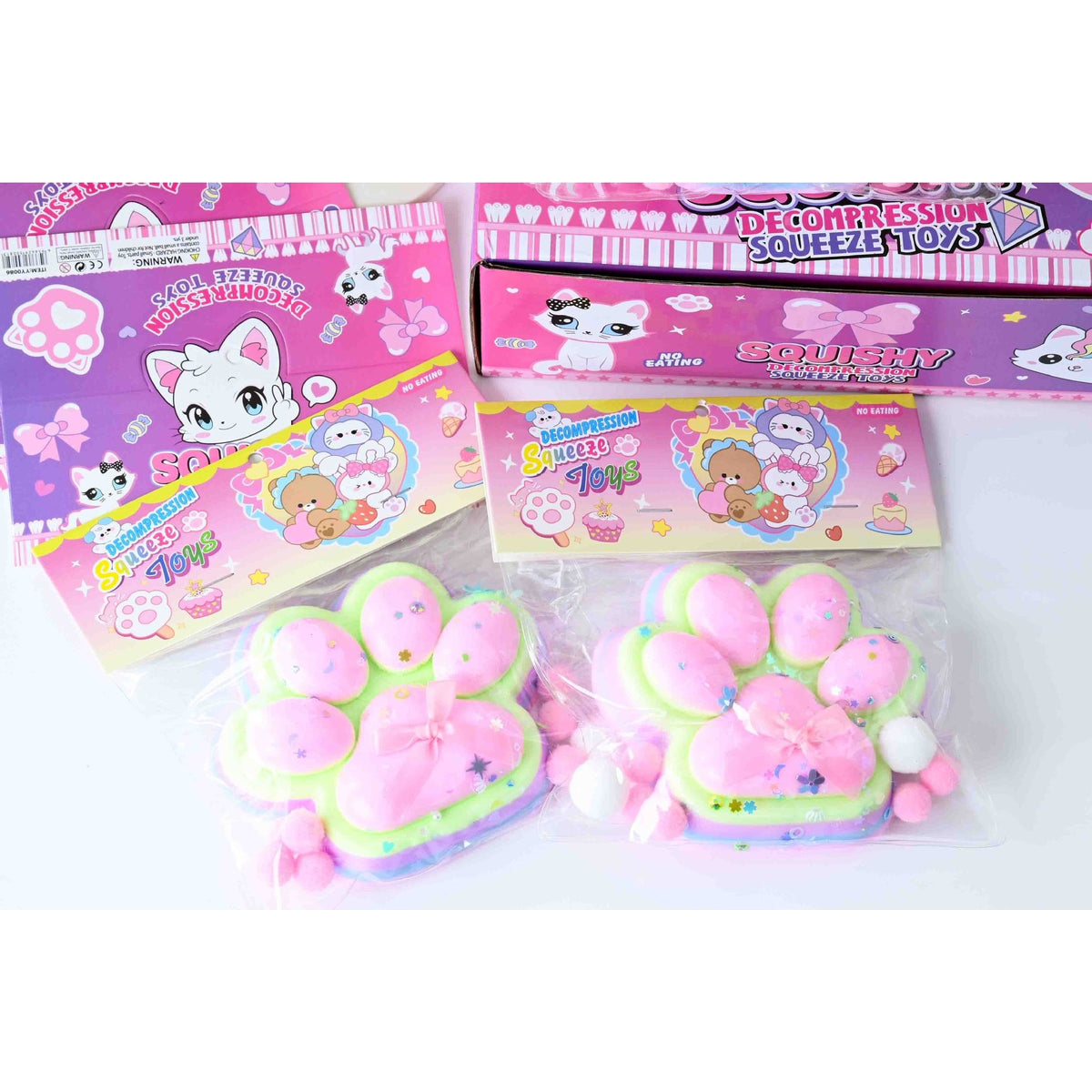Jucarie Antistres Squishy, Model Labuta de Pisica, Revenire Lenta Slow Rising, Material Elastic Moale, Squeeze Pinch Family, 12.5 x 10.5 cm, 220g, Roz-Curcubeu