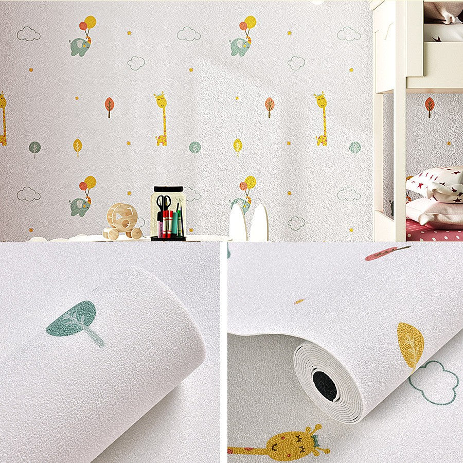 Tapet Autoadeziv Rola pentru Perete, Panou Decorativ Izolant Termic si Fonic, Spuma XPE si Panza, Model Girafa si Elefant, 10 m x 50 cm, Grosime 2.5 mm, Multicolor