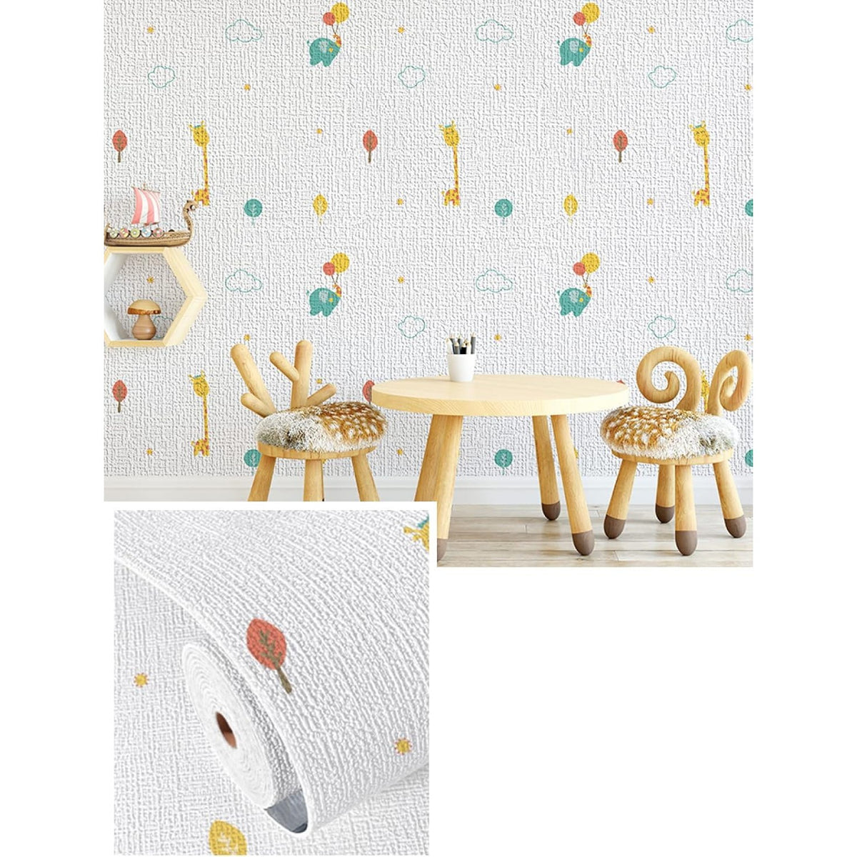 Tapet Autoadeziv Rola pentru Perete, Panou Decorativ Izolant Termic si Fonic, Spuma XPE si Panza, Model Girafa si Elefant, 10 m x 50 cm, Grosime 2.5 mm, Multicolor