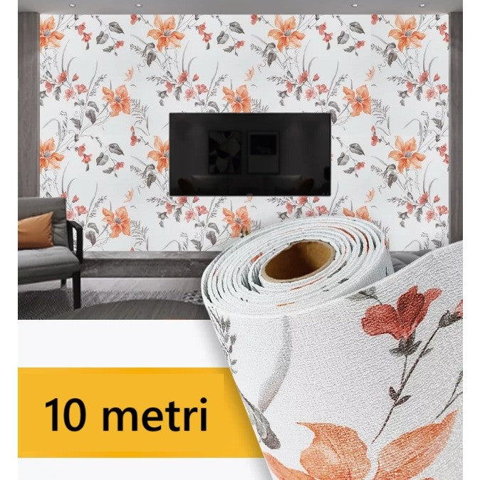 Rola Autoadeziva pentru Perete, Tapet Lavabil din Panza si Spuma XPE, Izolare Termica si Fonica, Model Flori, 10 m x 50 cm, 2.5 mm Grosime, Portocaliu