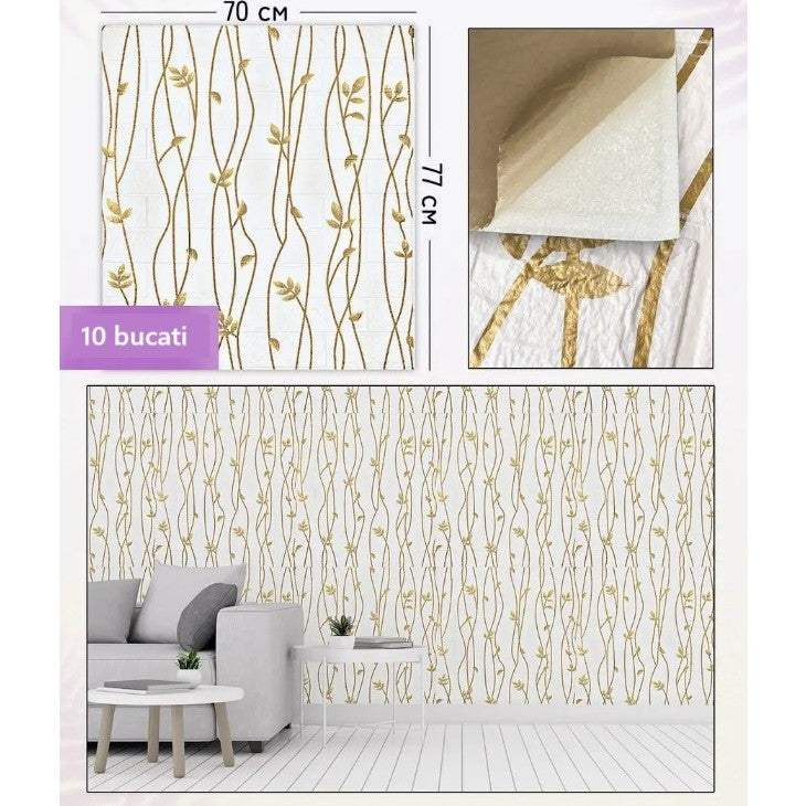 Set 10 Placi Tapet 3D Autoadeziv, Model Frunze Aurii, Impermeabil si Izolant Termic, PVC, 70 x 77 cm, Acoperire 5.3 mp, Bej