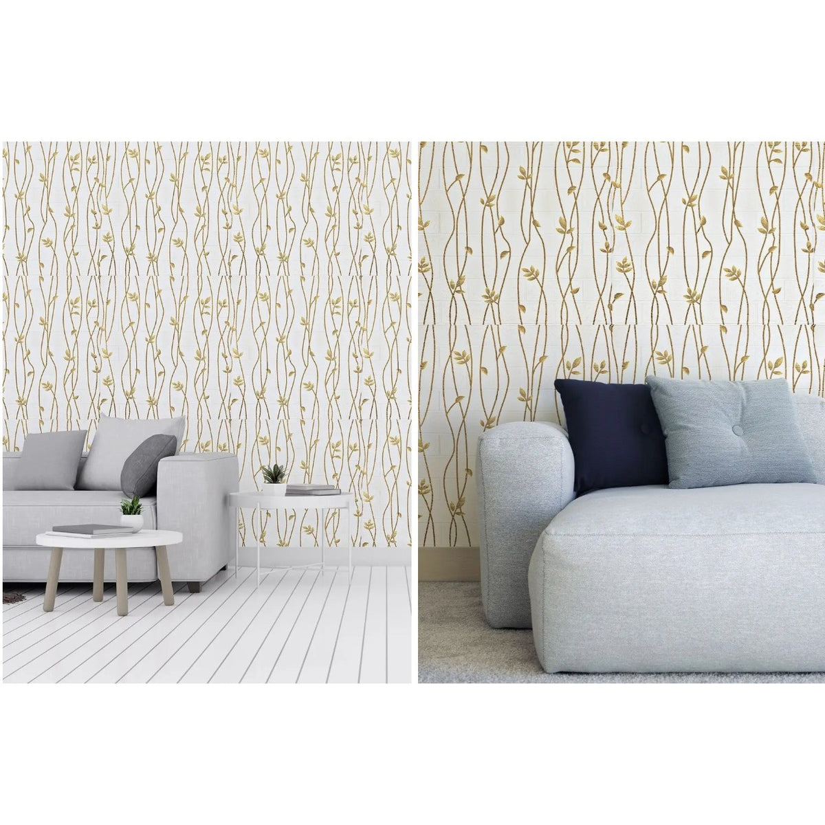 Set 10 Placi Tapet 3D Autoadeziv, Model Frunze Aurii, Impermeabil si Izolant Termic, PVC, 70 x 77 cm, Acoperire 5.3 mp, Bej