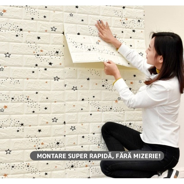 Tapet 3D Autoadeziv, Panouri Perete Impermeabile cu Design Stelute, Placi PVC Izolante, Set 10 Bucati, 70 x 77 cm, Suprafata 5.3 mp, Alb si Albastru