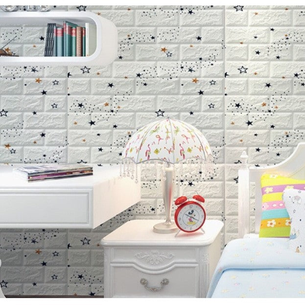 Set 10 Placi Tapet 3D Autoadeziv, Panouri Perete Impermeabile si Izolante, Design Stelute Curcubeu, Material PVC, 70 x 77 cm, Suprafata 5.3 mp, Alb
