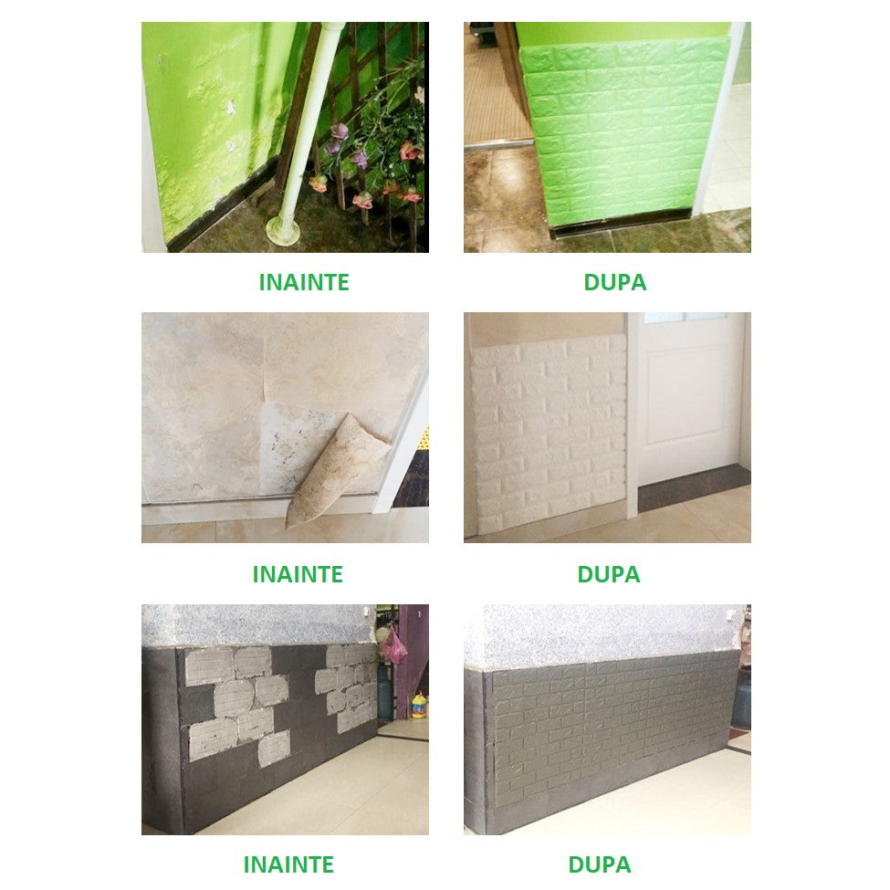 Tapet 3D Autoadeziv, Panouri Decorative Perete, Model Caramida, Impermeabil si Izolant Fonic, Material PVC, 70 x 77 cm, 3.5 mm Grosime, Set 10 Bucati, 5.3 mp, Gri