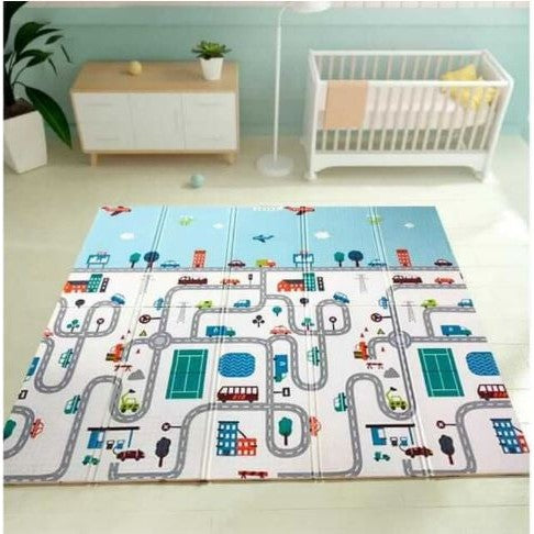 Covoraș de Joacă pentru Copii și Bebeluși, Pliabil cu 2 Fețe, Impermeabil și Antiderapant, Protecție Termică XPE, Model Trafic și Girafe, 180 x 200 x 1 cm, Multicolor
