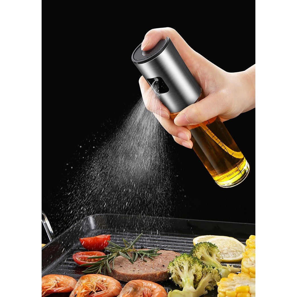 Pulverizator Ulei si Otet, Dozator Reincarcabil pentru Gatit Sanatos, Recipient din Sticla si Inox, Capac Auriu, 100 ml, 18.3 x 4.3 cm