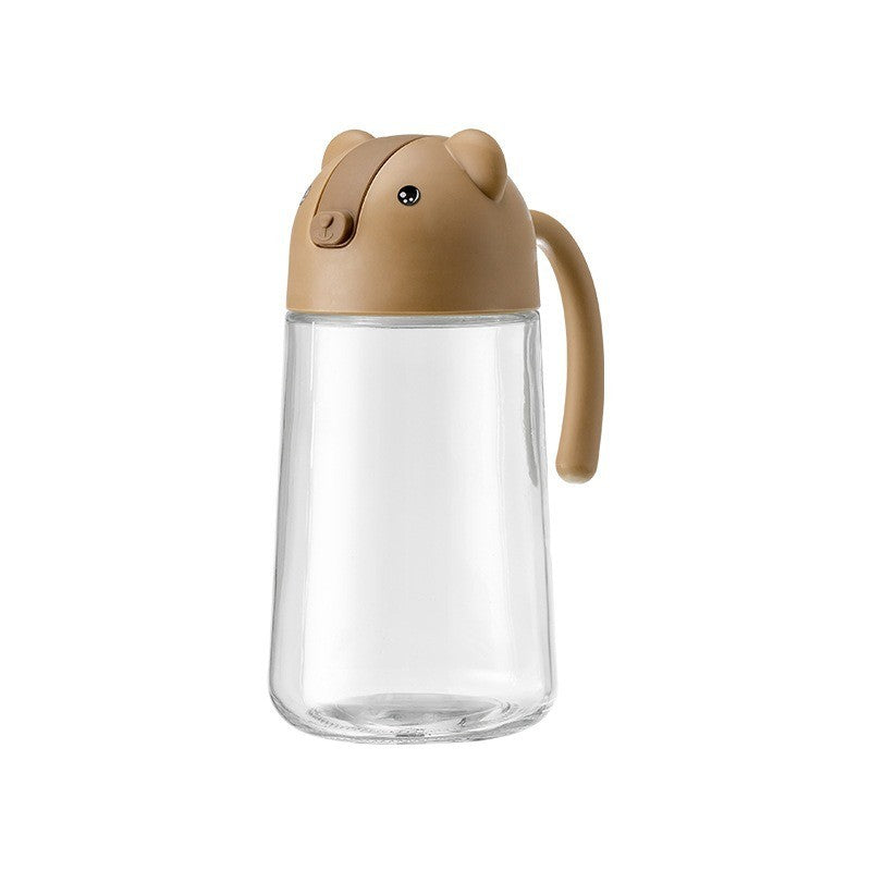Sticla pentru Ulei si Otet, Model Ursulet, Recipient din Sticla cu Inchidere si Deschidere Automata, Anti-Scurgere, Gura Larga de Umplere, 630 ml, Maro