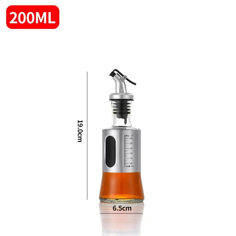 Sticla de Ulei si Otet, Recipient pentru Lichide de Bucatarie, Dozator cu Capac Inox Anti-Picurare si Gradatie, Sticla si Otel Inoxidabil, 200 ml, 19 x 6.5 cm, Gri Transparent