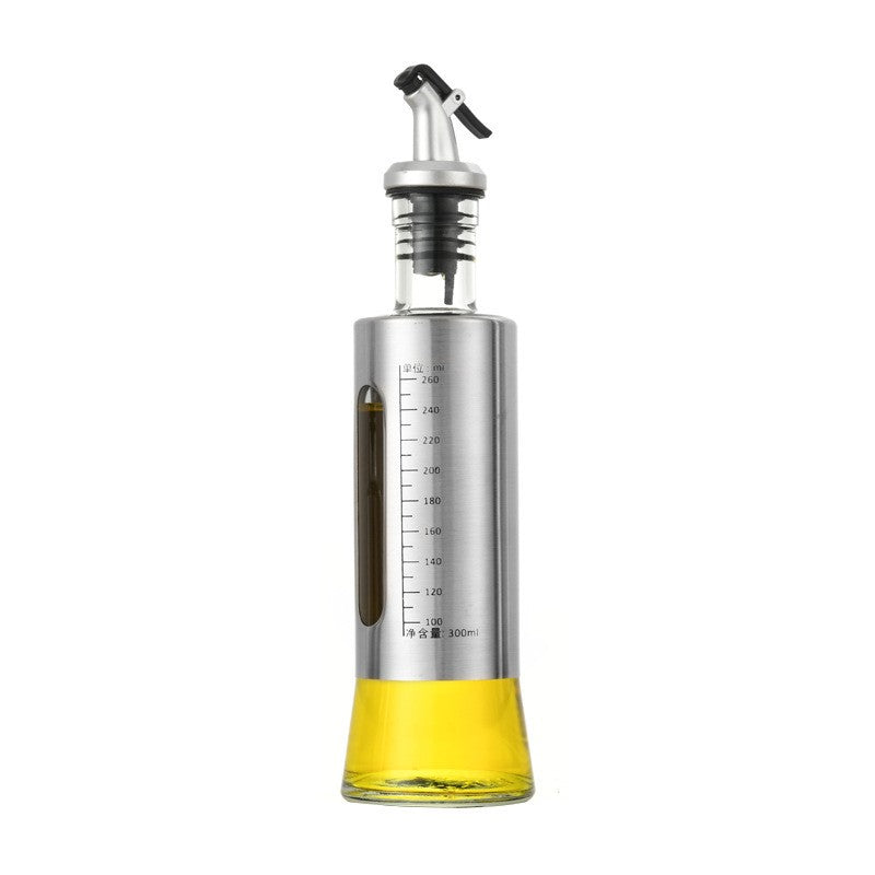 Sticla de Ulei si Otet cu Dozator, Recipient Lichide de Bucatarie cu Capac Anti-Picurare si Gradatie, Sticla si Otel Inoxidabil, 300 ml, 24.8 x 6.5 cm, Gri Transparent