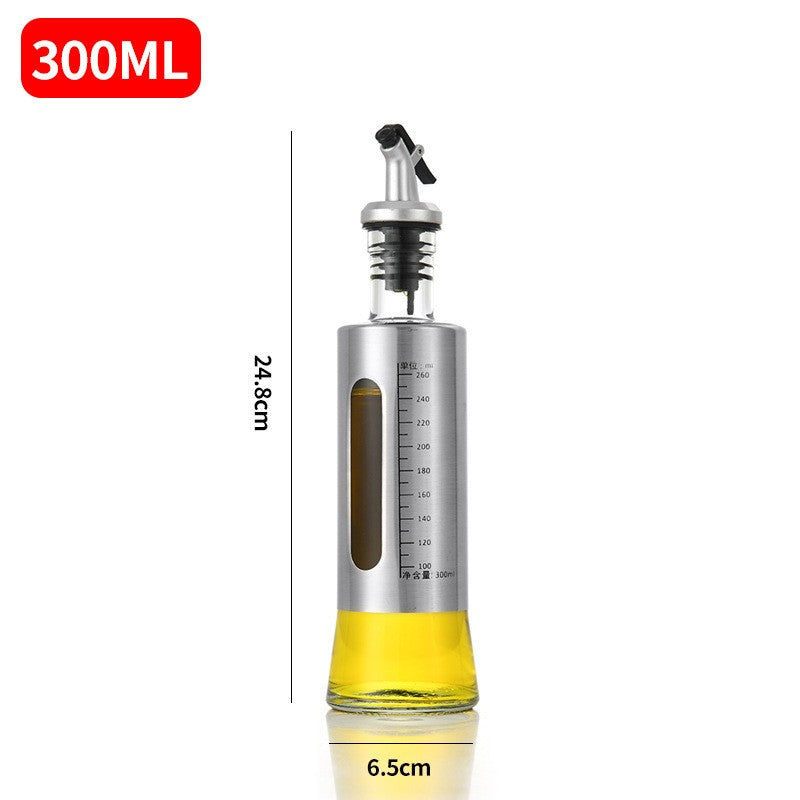 Sticla de Ulei si Otet cu Dozator, Recipient Lichide de Bucatarie cu Capac Anti-Picurare si Gradatie, Sticla si Otel Inoxidabil, 300 ml, 24.8 x 6.5 cm, Gri Transparent