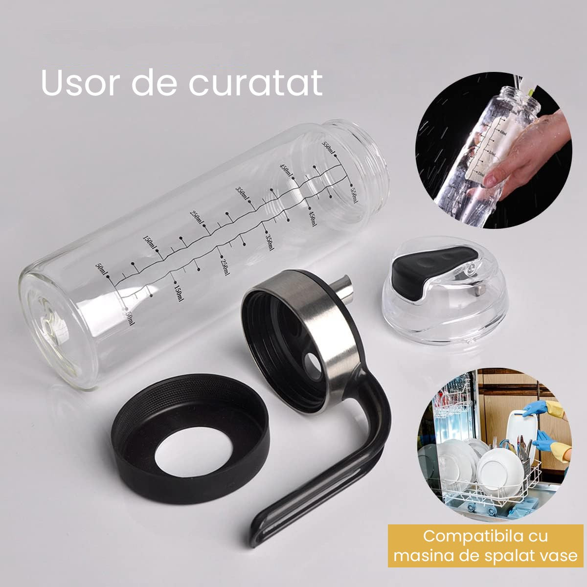 Dispenser Ulei și Oțet cu Închidere Etanșă, Sticlă pentru Sos de Soia, Capac cu Auto-Deschidere, Sticlă Borosilicată, 500 ml, Transparent