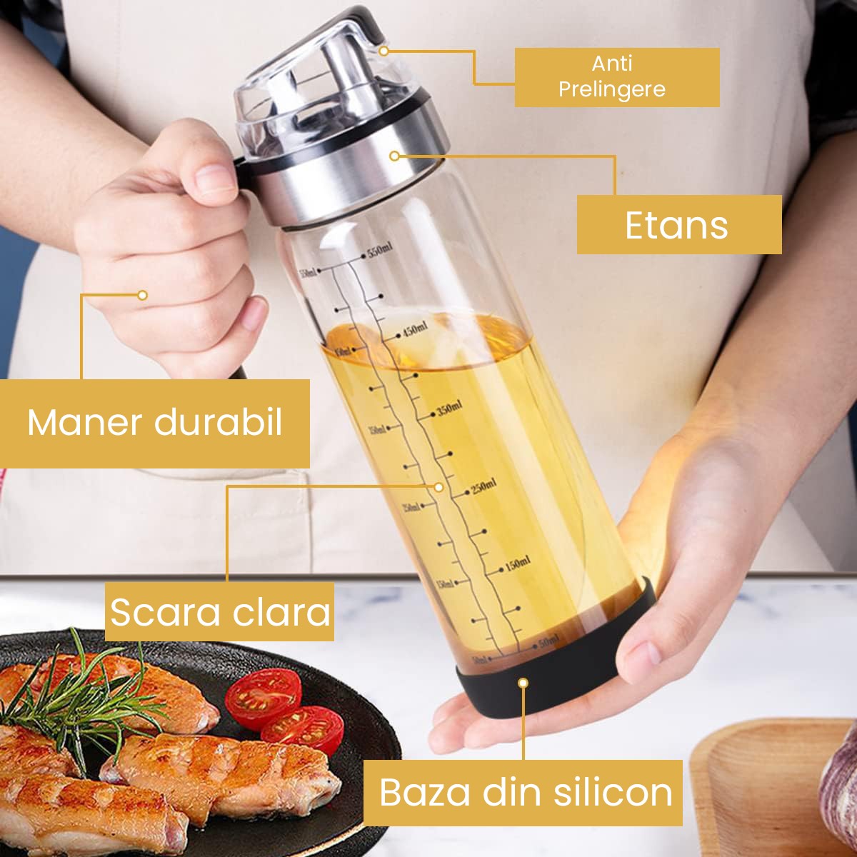 Dispenser Ulei și Oțet cu Închidere Etanșă, Sticlă pentru Sos de Soia, Capac cu Auto-Deschidere, Sticlă Borosilicată, 500 ml, Transparent