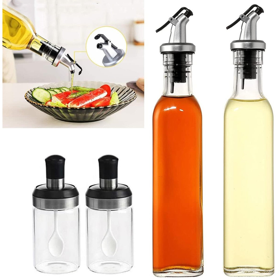 Set 4 Recipiente pentru Bucatarie, 2 Sticle Ulei si Otet cu Dozator 500 ml, 2 Borcane Condimente cu Capac si Lingurita 120 ml, Sticla Transparenta, 4 Piese