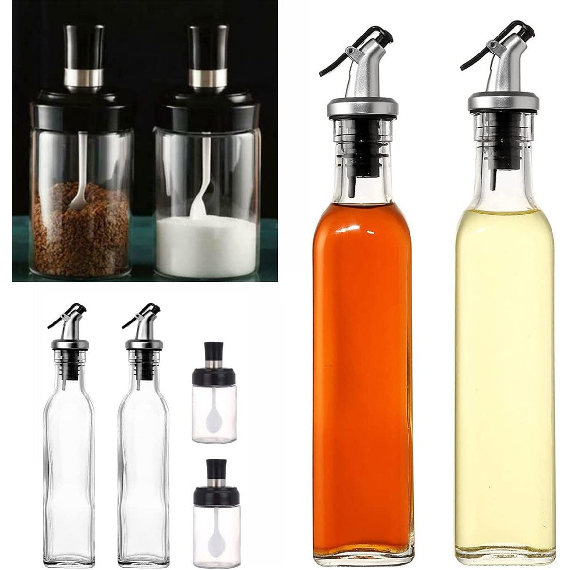 Set 4 Recipiente pentru Bucatarie, 2 Sticle Ulei si Otet cu Dozator 500 ml, 2 Borcane Condimente cu Capac si Lingurita 120 ml, Sticla Transparenta, 4 Piese