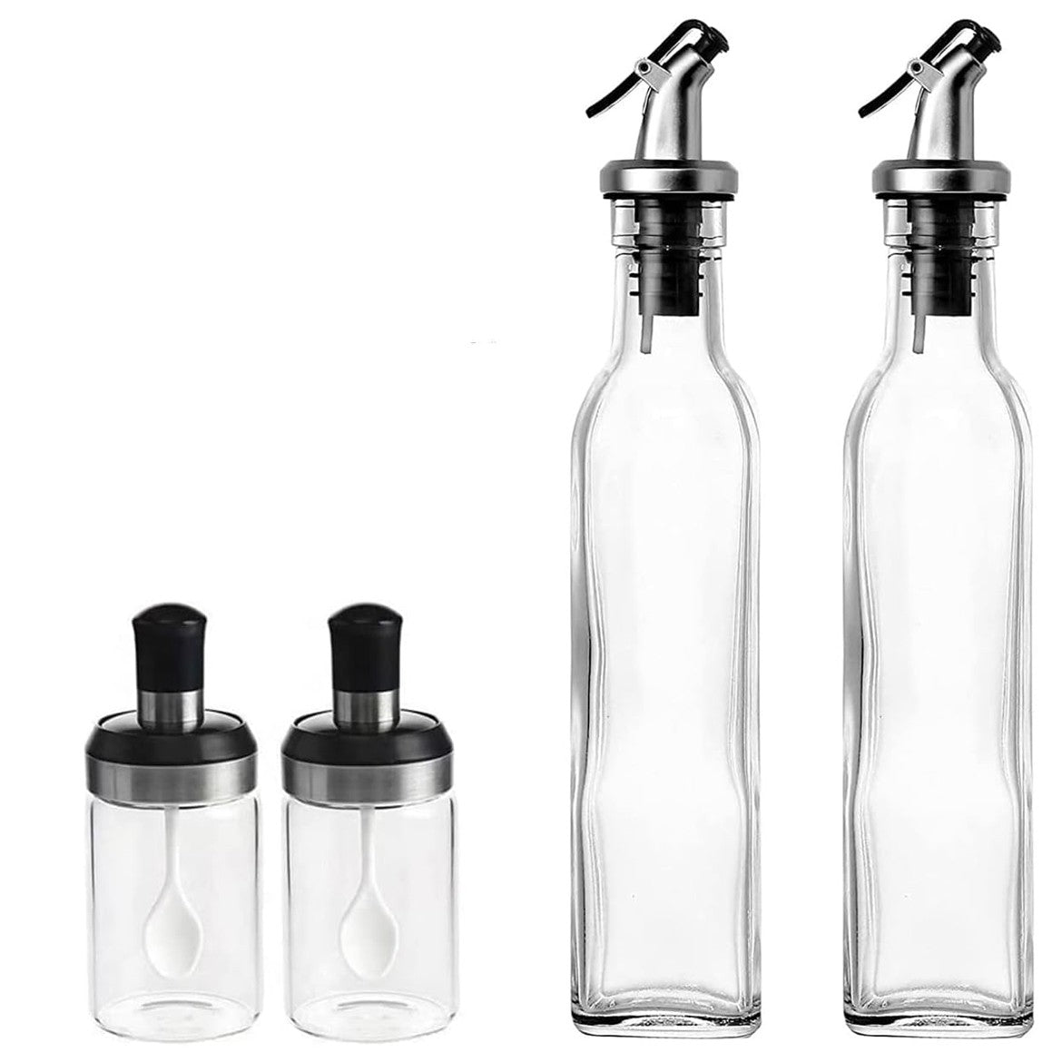 Set 4 Recipiente pentru Bucatarie, 2 Sticle Ulei si Otet cu Dozator 500 ml, 2 Borcane Condimente cu Capac si Lingurita 120 ml, Sticla Transparenta, 4 Piese