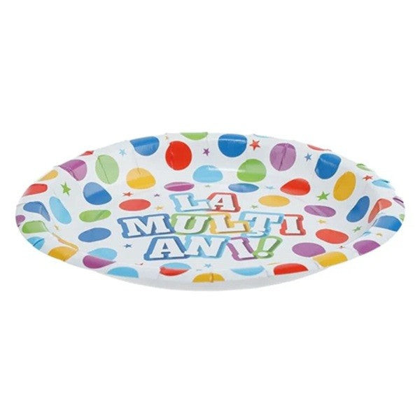 Set Farfurii de Unica Folosinta Aniversare, Mesaj La Multi Ani si Buline, Carton Laminat, Multicolor, 30 cm, 6 Bucati