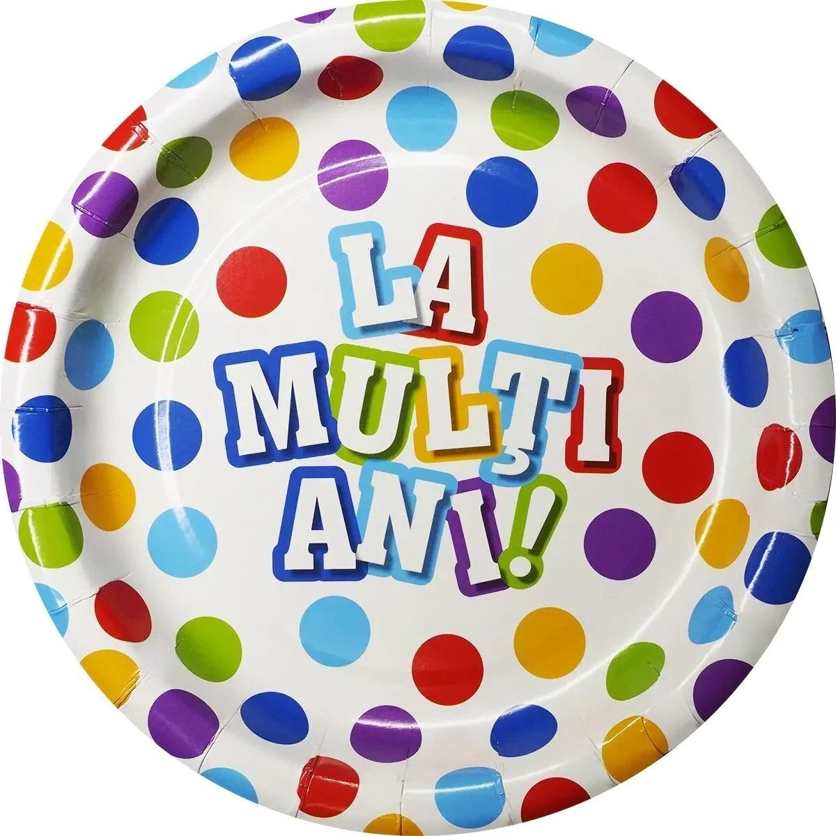 Set Farfurii de Unica Folosinta, Design Aniversar La Multi Ani cu Buline, Carton Laminat Rezistent, Multicolor, 23 cm, 6 Bucati
