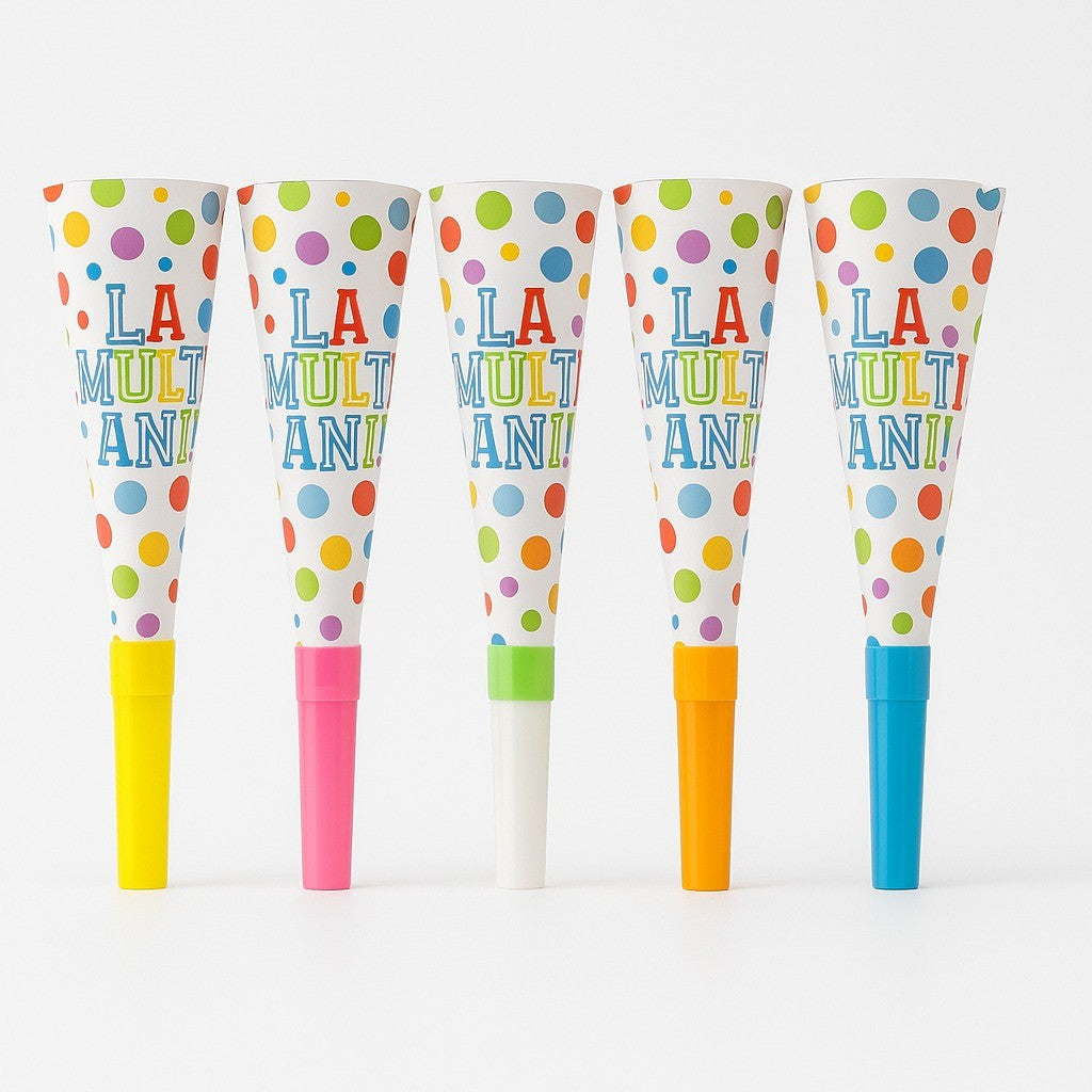 Set 6 Suflatori De Petrecere, Colectia La Multi Ani Cu Buline, Carton, Plastic Si Hartie, 20 cm, Multicolor