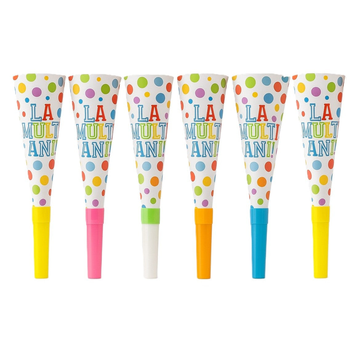 Set 6 Suflatori De Petrecere, Colectia La Multi Ani Cu Buline, Carton, Plastic Si Hartie, 20 cm, Multicolor
