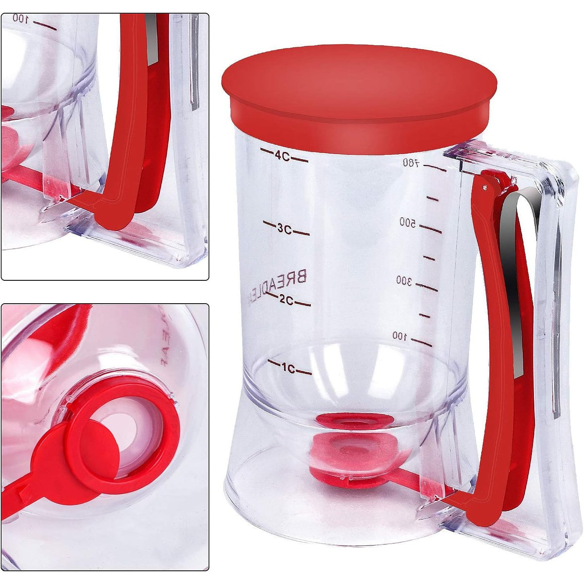 Dispenser Aluat pentru Clătite și Brioșe, Dozator cu Mâner Ergonomic și Arc, Plastic Alimentar PP, 900 ml, 18.5 x 11 cm, Roșu