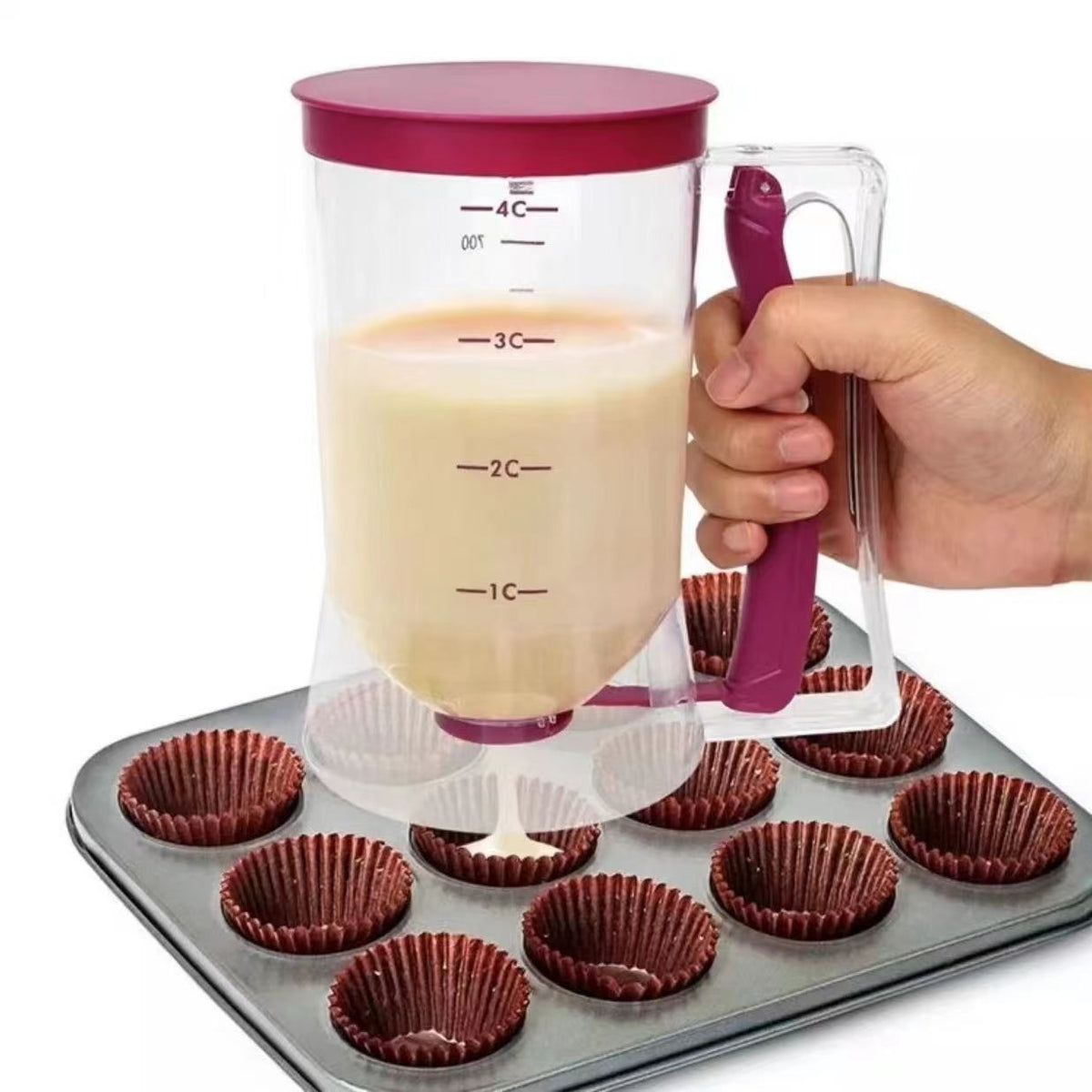 Dispenser Aluat pentru Clătite și Brioșe, Dozator cu Mâner Ergonomic și Arc, Plastic Alimentar PP, 900 ml, 18.5 x 11 cm, Roșu