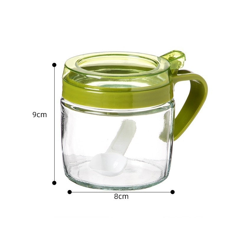 Recipient Condimente cu Linguriță și Mâner, Borcan din Sticlă pentru Sare și Piper, Capac Transparent din Polipropilenă, 180 ml, 8 x 9 cm, Verde