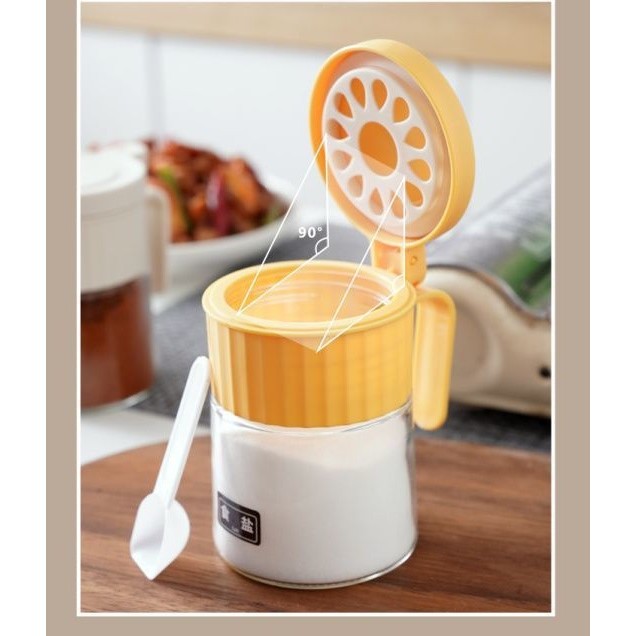 Recipient Condimente cu Mâner și Linguriță, Borcan pentru Mirodenii cu Capac Ajustabil Tip Solniță, Sticlă și PP, 180 ml, 10.6 x 7 cm, Galben