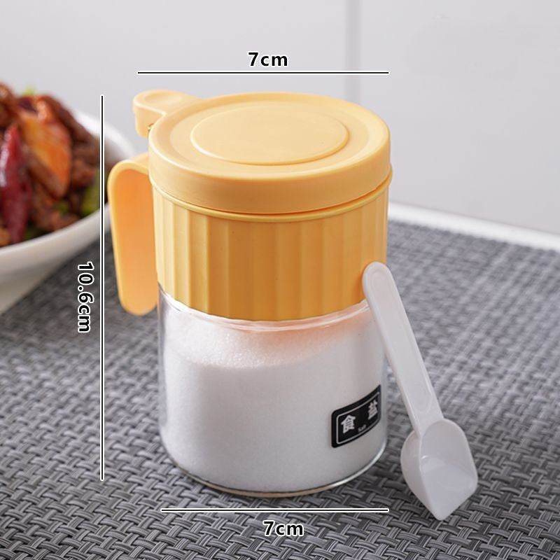 Recipient Condimente cu Mâner și Linguriță, Borcan pentru Mirodenii cu Capac Ajustabil Tip Solniță, Sticlă și PP, 180 ml, 10.6 x 7 cm, Galben