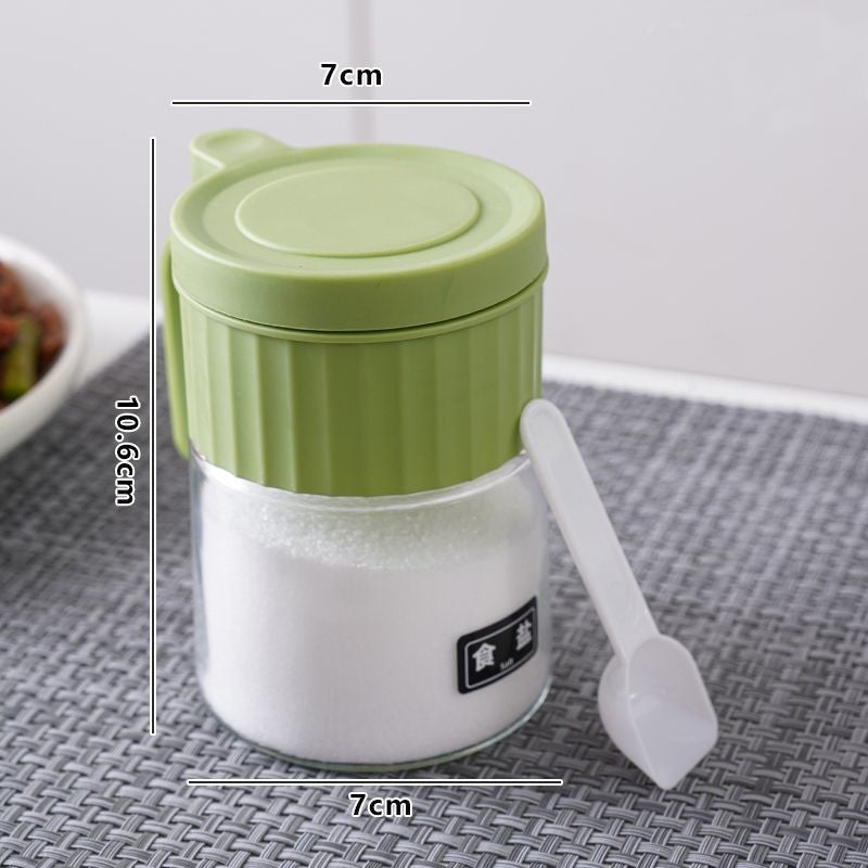 Recipient Condimente cu Lingurita si Maner Ergonomic, Borcan Depozitare Mirodenii, Sticla si Plastic PP, 180 ml, 10.6 x 7 x 7 cm, Verde Mat