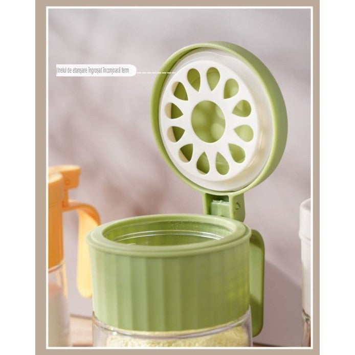 Recipient Condimente cu Lingurita si Maner Ergonomic, Borcan Depozitare Mirodenii, Sticla si Plastic PP, 180 ml, 10.6 x 7 x 7 cm, Verde Mat