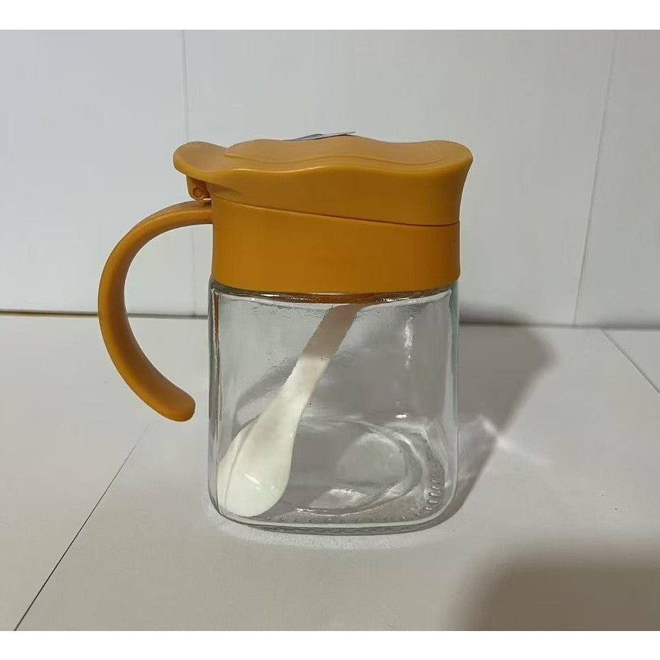Recipient Condimente cu Linguriță și Mâner, Capac Ondulat Anti-Umezeală, Sticlă și Plastic, 180 ml, 11.3 x 8.2 cm, Galben