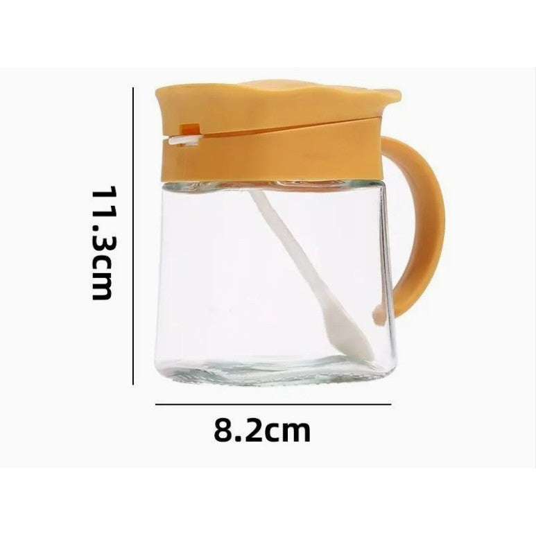 Recipient Condimente cu Linguriță și Mâner, Capac Ondulat Anti-Umezeală, Sticlă și Plastic, 180 ml, 11.3 x 8.2 cm, Galben