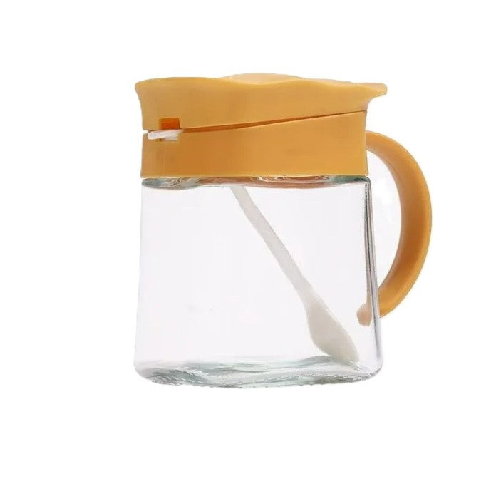 Recipient Condimente cu Linguriță și Mâner, Capac Ondulat Anti-Umezeală, Sticlă și Plastic, 180 ml, 11.3 x 8.2 cm, Galben