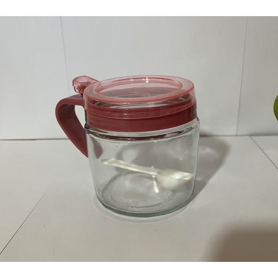 Recipient Condimente, Borcan din Sticlă cu Linguriță și Mâner, Capac Transparent din Polipropilenă, 180 ml, 8 x 9 cm, Roz