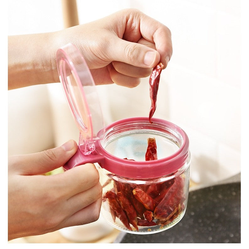 Recipient Condimente, Borcan din Sticlă cu Linguriță și Mâner, Capac Transparent din Polipropilenă, 180 ml, 8 x 9 cm, Roz