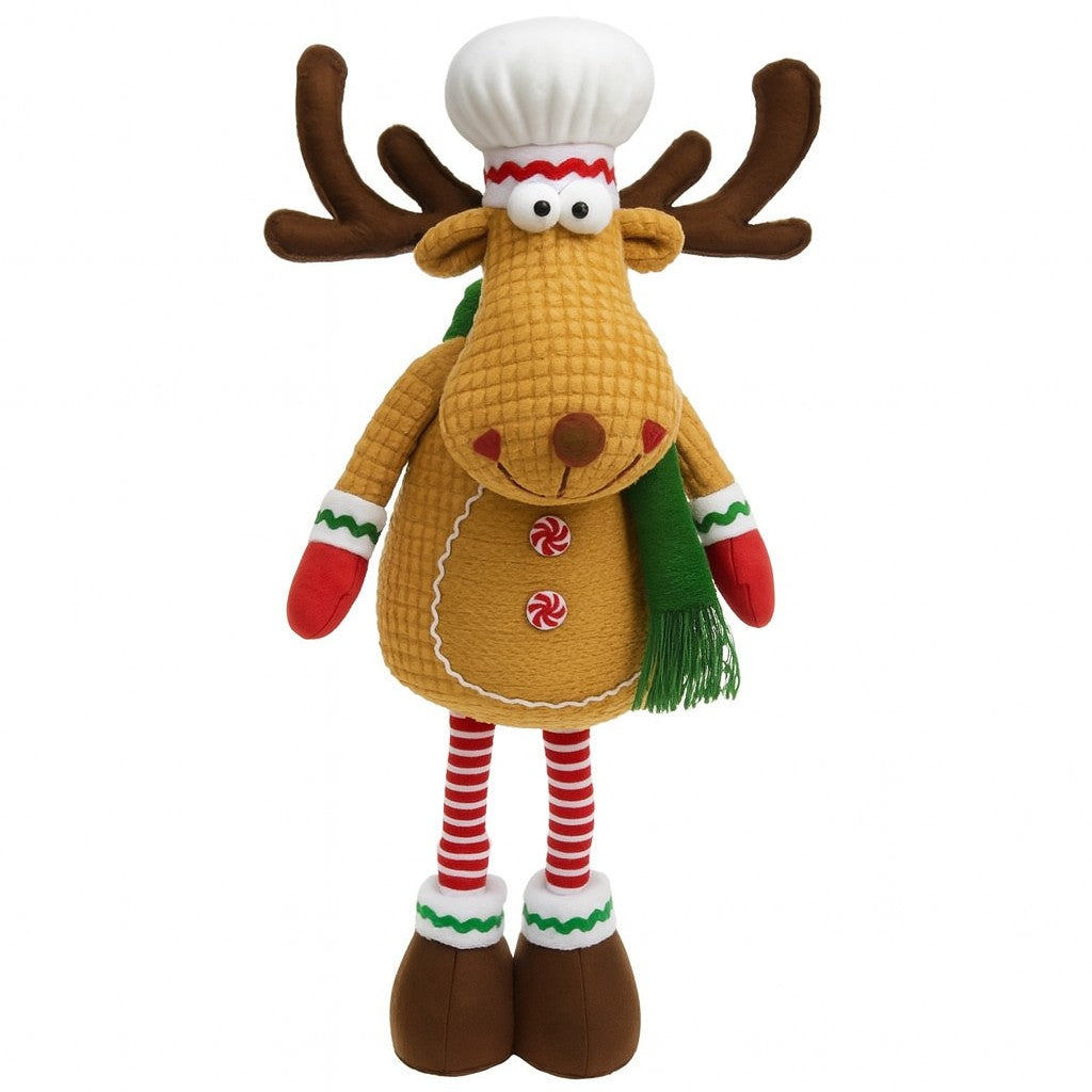 Figurina Decorativa Craciun Ren Bucatar, Picioare Telescopice Extensibile, Material Textil Moale si Plus, Inaltime Reglabila 34-49 cm, Maro/Rosu