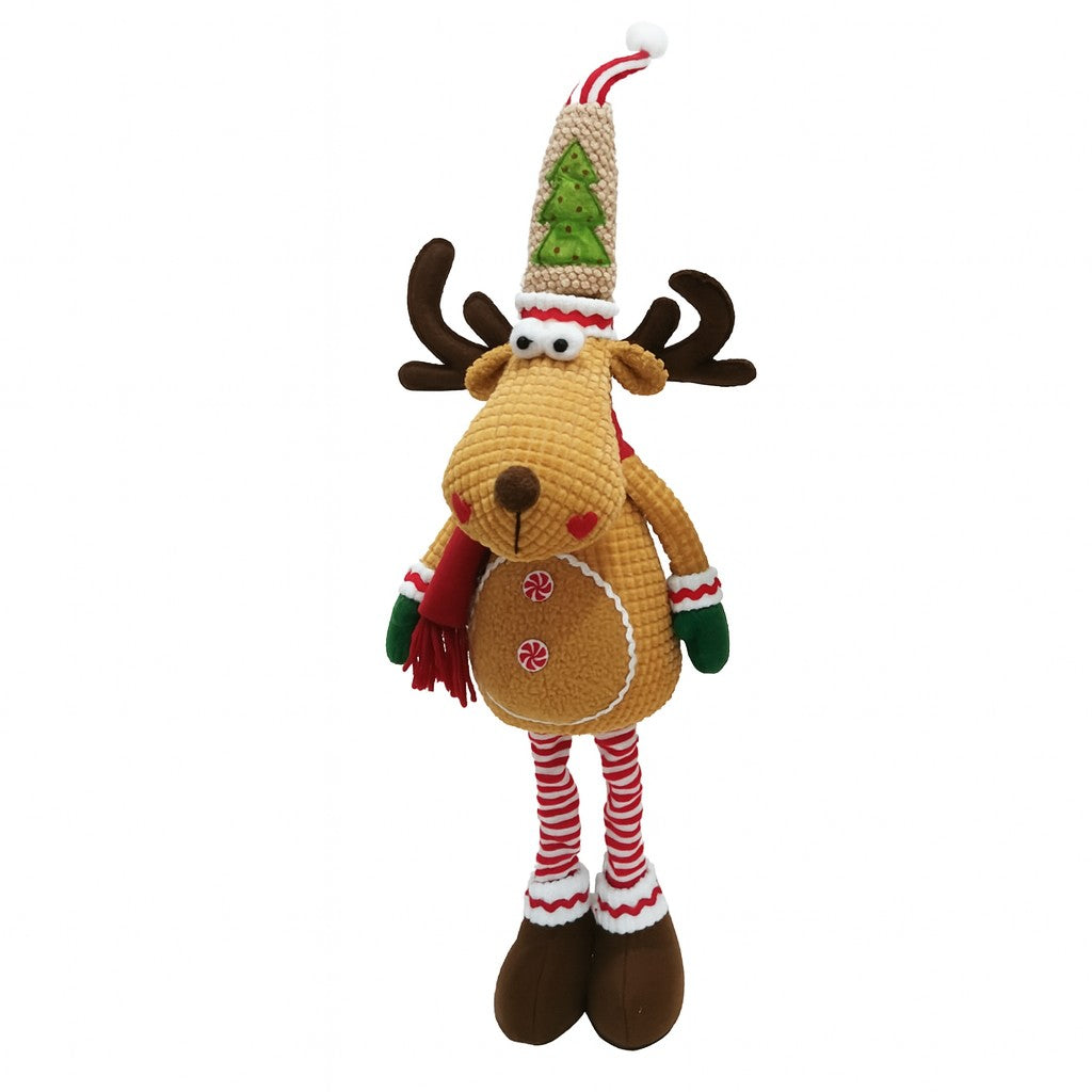 Figurina Decorativa de Craciun, Ren Telescopic cu Picioare Extensibile, Decoratiune din Material Textil Moale si Plus, Maro Deschis, 49-63 cm height, 20 x 8 cm