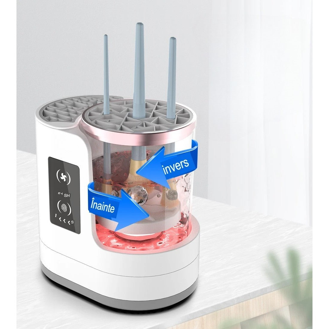 Dispozitiv Curatare si Uscare Pensule Machiaj, Functie Bidirectionala 850 RPM, Portabil, Alimentare USB 5V, ABS si Silicon, 17.3 x 12.1 x 17.5 cm, Alb