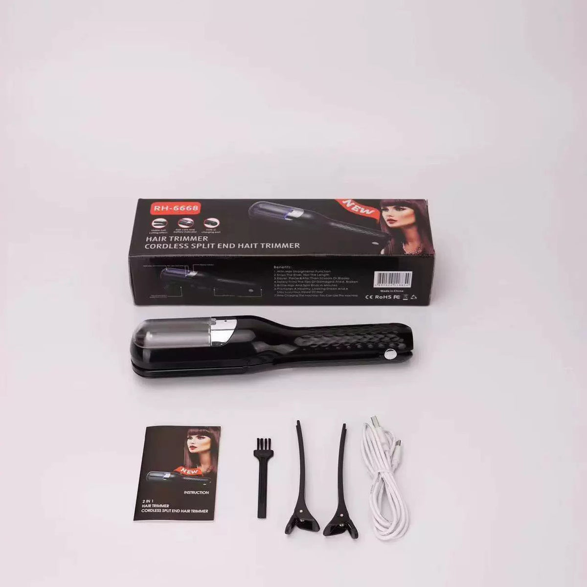 Aparat pentru Repararea Vârfurilor Despicate, Tehnologie cu Ioni Negativi, Dispozitiv 2 în 1 pentru Tundere și Netezire, Reîncărcabil USB, ABS și PC, Baterie 500 mAh, 24.8 x 5.3 x 5 cm, Negru