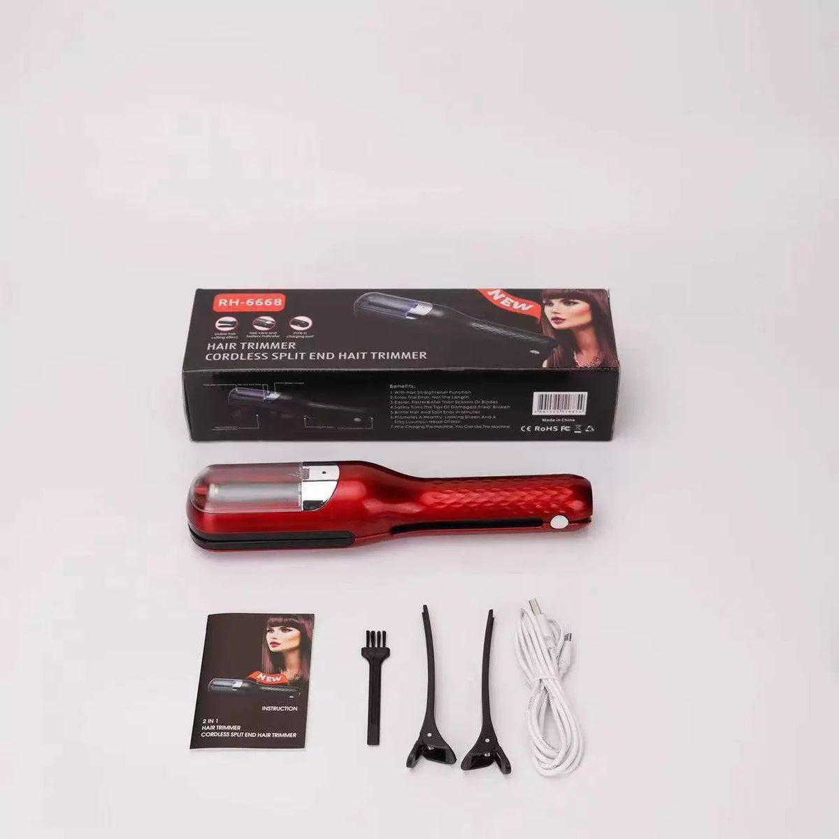 Aparat de Reparare a Varfurilor Despicate, Tehnologie cu Ioni Negativi si Netezire, Reincarcabil USB, Material ABS si PC, Baterie 500 mAh, 24.8 x 5.3 x 5 cm, Rosu