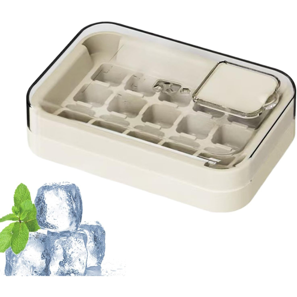 Cutie Cuburi Gheață cu Sistem de Presare Spate, Formă pentru 15 Cuburi cu Capac de Umplere și Evacuare, PET și TPU, 1 L, Alb, 16.5 x 11.2 x 4.5 cm